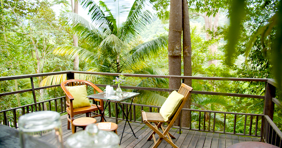 A jungle balcony with a table and chairs.